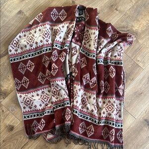 Red and Cream Geometric Patterned Shawl